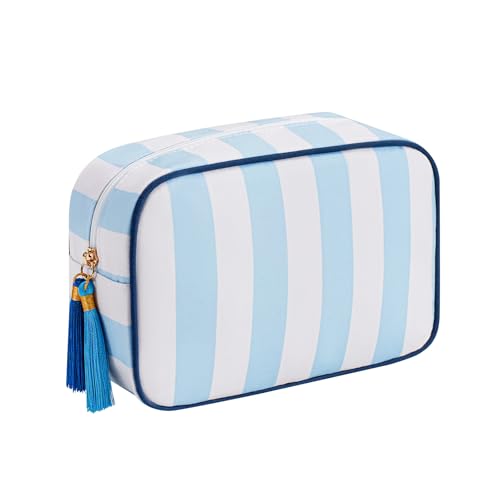 RSRSLEII Große gestreifte Make-up-Tasche aus Segeltuch mit Reißverschluss, ästhetische Quaste, Reise-Kosmetiktasche, Kosmetiktasche, Mädchen-Handtaschen, Geldbörsen, Accessoires, Aufbewahrungstasche von RSRSLEII