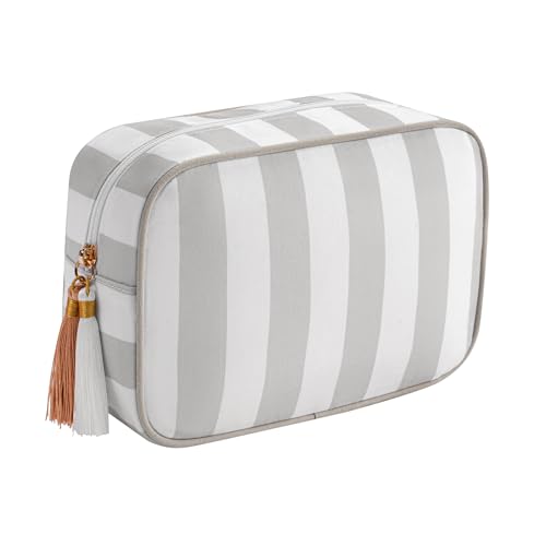 RSRSLEII Große gestreifte Make-up-Tasche aus Segeltuch mit Reißverschluss, ästhetische Quaste, Reise-Kosmetiktasche, Kosmetiktasche, Mädchen-Handtaschen, Geldbörsen, Accessoires, Aufbewahrungstasche von RSRSLEII