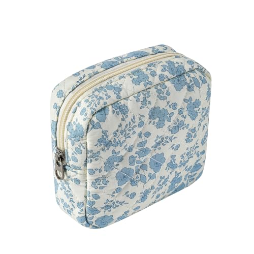 RSRSLEII Kleine gesteppte Kosmetiktasche für Geldbörse, Mini-Make-up-Tasche aus Baumwolle mit Fächern, niedlicher Lippenstift-Halter mit Reißverschluss für Damen, 07 Hellblaue Blume von RSRSLEII
