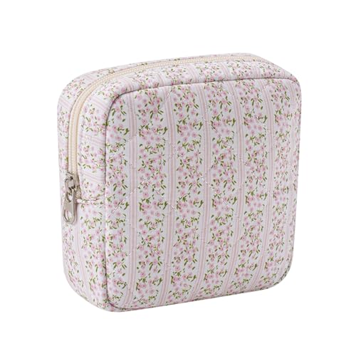 RSRSLEII Kleine gesteppte Kosmetiktasche für Geldbörse, Mini-Make-up-Tasche aus Baumwolle mit Fächern, niedlicher Lippenstift-Halter mit Reißverschluss für Damen, 17 kleine rosa Blumen von RSRSLEII