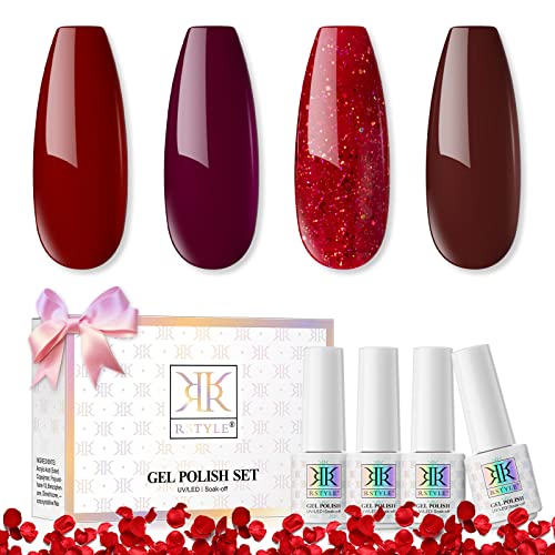 RSTYLE UV Nagellack Set, 4 Farben Rot Glitzer Romantisch Gel Nagelset Gelnägel Starterset UV Gel für Gelnägel Soak-Off Gel Polish Set Home und Nail Salon - 6ML pro Flasche von RSTYLE