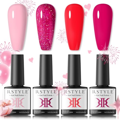 RSTYLE UV Shellac Nagellack Set, 4 Farben Rosa UV Nagellack Glitzer Rot Gellack Gel Nail Pink Farbgel für Gelnägel Gel Polish für Nail Art Salon Maniküre 6ML Rosa von RSTYLE