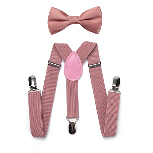 RSXING Kinder Hosenträger Fliege Sets - Jungen Hosenträger Fliege, Elastisch Y Gestalten mit Stark Clips Verstellbare Hosenträger Sets für Jungen, Kinder, Mädchen, Baby(rosa) von RSXING