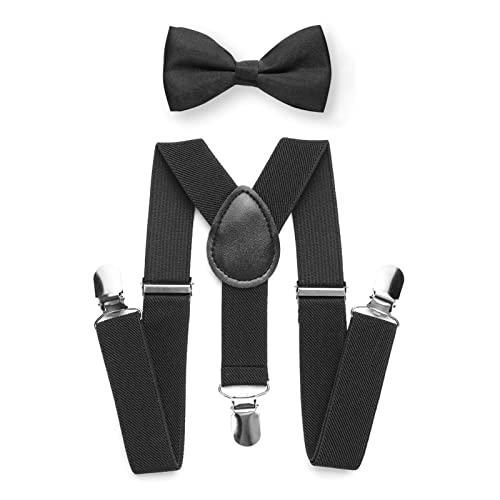 RSXING Kinder Hosenträger Fliege Sets - Jungen Hosenträger Fliege, Elastisch Y Gestalten mit Stark Clips Verstellbare Hosenträger Sets für Jungen, Kinder, Mädchen, Baby (Schwarz) von RSXING