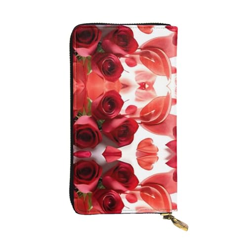 Geldbörse aus Leder mit Rosen- und rotem Blütenblatt-Design – vollständig bedrucktes Design, strapazierfähiges Kunstleder, Metall-Reißverschluss, mehrere Kartenfächer und Geldfach, perfekt für von RTCVXZDSA