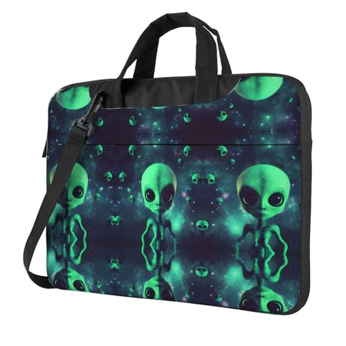 Green Alien Stilvolle Laptoptasche mit Volldruck-Design – leichte und schützende 600D Oxford Polyester Tasche mit weichem Futter, perfekt für Arbeit, Reisen und Schule, Schwarz , 14 inch von RTCVXZDSA