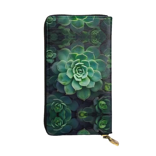 Grüne Sukkulenten-Ledergeldbörse – vollständig bedrucktes Design, strapazierfähiges Kunstleder, Metall-Reißverschluss, mehrere Kartenfächer und Geldfach, perfekt für elegante Männer oder Frauen, ein von RTCVXZDSA