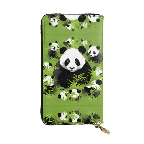 Grüner Hintergrund Panda-Ledergeldbörse – vollständig bedrucktes Design, strapazierfähiges Kunstleder, Metall-Reißverschluss, mehrere Kartenfächer und Geldfach, perfekt für elegante Männer oder Frauen von RTCVXZDSA