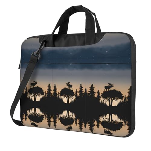 RTCVXZDSA Elch Mountain Pine Tree Wilderness Stilvolle Laptoptasche mit Volldruck-Design – leichte und schützende 600D Oxford-Polyester-Tasche mit weichem Futter, perfekt für Arbeit, Reisen und Schule von RTCVXZDSA