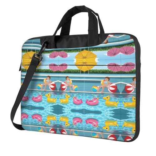 RTCVXZDSA Flamingo und Schwimmbad Stilvolle Laptoptasche mit Volldruck-Design – leichte und schützende 600D Oxford Polyester Tasche mit weichem Futter, perfekt für Arbeit, Reisen und Schule, Schwarz von RTCVXZDSA