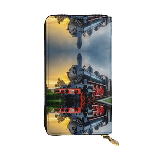 RTCVXZDSA Geldbörse aus Leder mit Dampfzug-Design, vollständig bedrucktes Design, strapazierfähiges Kunstleder, Metall-Reißverschluss, mehrere Kartenfächer und Geldfach, perfekt für elegante Männer von RTCVXZDSA