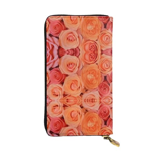 RTCVXZDSA Geldbörse aus Leder mit orangefarbenem Rosenmuster, vollständig bedrucktes Design, strapazierfähiges Kunstleder, Metall-Reißverschluss, mehrere Kartenfächer und Geldfach, perfekt für von RTCVXZDSA
