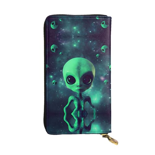 RTCVXZDSA Grüne Alien-Ledergeldbörse – vollständig bedrucktes Design, strapazierfähiges Kunstleder, Metall-Reißverschluss, mehrere Kartenfächer und Geldfach, perfekt für elegante Männer oder Frauen von RTCVXZDSA