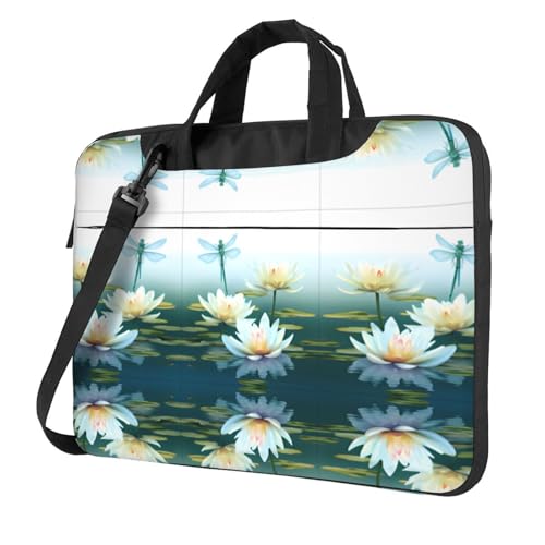 RTCVXZDSA Libelle mit Seerose, stilvolle Laptoptasche mit Volldruck-Design, leichte und schützende 600D-Oxford-Polyester-Tasche mit weichem Futter, perfekt für Arbeit, Reisen und Schule, Schwarz , 14 von RTCVXZDSA