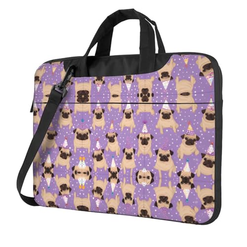 RTCVXZDSA Lustige Cartoon-Mops-Welpe stilvolle Laptoptasche mit Volldruck-Design – leichte und schützende 600D-Oxford-Polyester-Tasche mit weichem Futter, perfekt für Arbeit, Reisen und Schule von RTCVXZDSA