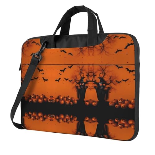 RTCVXZDSA Orangefarbene Halloween-Party-Laptop-Tasche mit Volldruck-Design, leichte und schützende 600D-Oxford-Polyester-Tasche mit weichem Futter, perfekt für Arbeit, Reisen und Schule, Schwarz , 14 von RTCVXZDSA