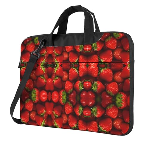 RTCVXZDSA Rote Erdbeerfrucht Stilvolle Laptoptasche mit Volldruck-Design – leichte und schützende 600D Oxford Polyester Tasche mit weichem Futter, perfekt für Arbeit, Reisen und Schule, Schwarz , 13 von RTCVXZDSA