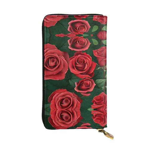 RTCVXZDSA Rote Rose Ledergeldbörse – voll bedrucktes Design, strapazierfähiges Kunstleder, Metall-Reißverschluss, mehrere Kartenfächer und Geldfach, perfekt für elegante Männer oder Frauen, ein von RTCVXZDSA