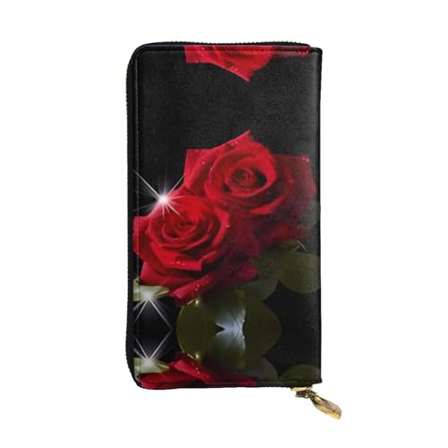 RTCVXZDSA Rote Rosen Ledergeldbörse – voll bedrucktes Design, strapazierfähiges Kunstleder, Metall-Reißverschluss, mehrere Kartenfächer und Geldfach, perfekt für elegante Männer oder Frauen, ein von RTCVXZDSA