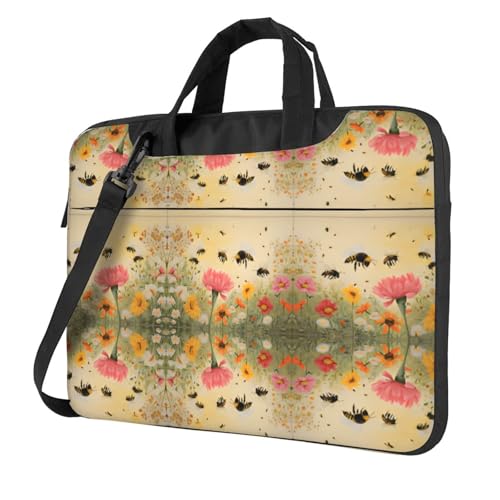 RTCVXZDSA Rural Bees Wildblumen Stilvolle Laptoptasche mit Volldruck-Design – leichte und schützende 600D Oxford Polyester Tasche mit weichem Futter, perfekt für Arbeit, Reisen und Schule, Schwarz von RTCVXZDSA