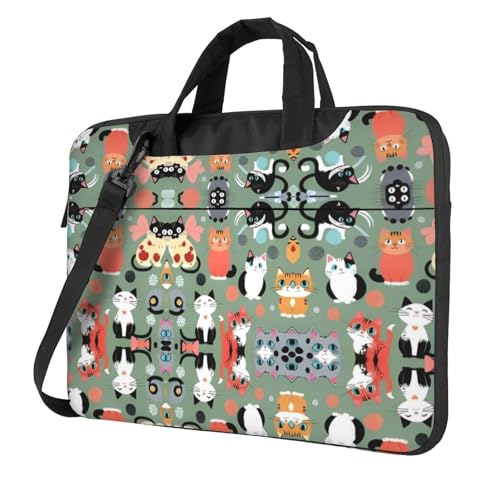 RTCVXZDSA Schöne Cartoon-Katzen-Laptop-Tasche mit Volldruck-Design, leichte und schützende 600D-Oxford-Polyester-Tasche mit weichem Futter, perfekt für Arbeit, Reisen und Schule, Schwarz , 14 inch von RTCVXZDSA
