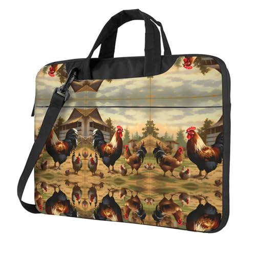 RTCVXZDSA Stilvolle Laptoptasche mit Bauernhof-Aufdruck, Huhn und Hahn, mit Volldruck-Design, leichte und schützende 600D-Oxford-Polyester-Tasche mit weichem Futter, perfekt für Arbeit, Reisen und von RTCVXZDSA