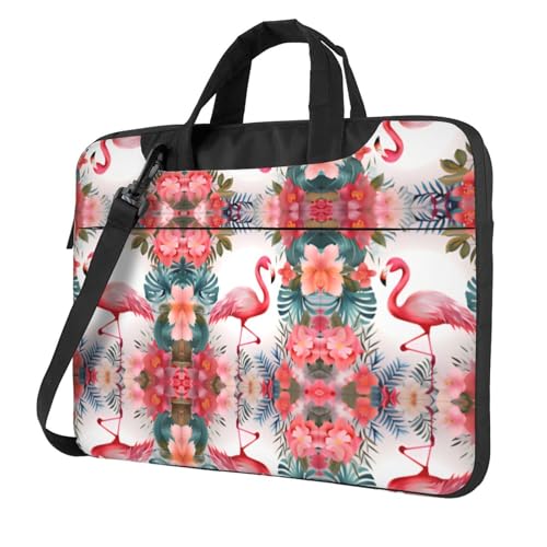 RTCVXZDSA Stilvolle Laptoptasche mit Blumenmuster und Flamingo-Design – leichte und schützende 600D Oxford-Polyester-Tasche mit weichem Futter, perfekt für Arbeit, Reisen und Schule, Schwarz , 15.6 von RTCVXZDSA