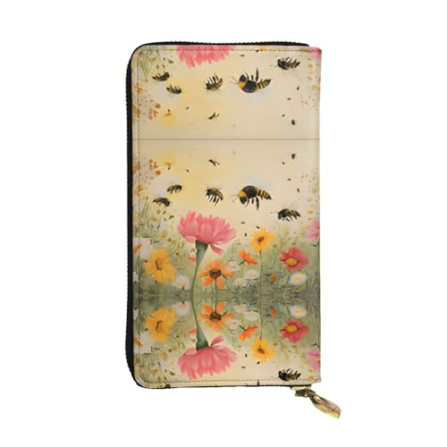 Rural Bees Wildblumen-Geldbörse aus Leder – vollständig bedrucktes Design, strapazierfähiges Kunstleder, Metall-Reißverschluss, mehrere Kartenfächer und Geldfach, perfekt für elegante Männer oder von RTCVXZDSA