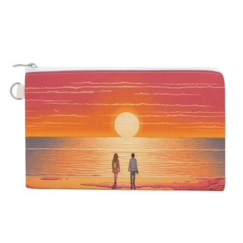 Elegante Geldbörse mit Rosenblüte, Segeltuch, niedliches Kleingeld, kleine Aufbewahrungstasche mit Reißverschluss, Paar beobachtet Sonnenaufgang, Einheitsgröße, Blumen und Tiere von RTFGHJS