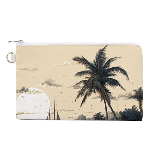 Grüner Stil Muster Münzbörse Canvas Geldbörse Niedliche Kleingeldbörse Kleine Aufbewahrungstasche mit Reißverschluss, Palmen Fischerboot, Einheitsgröße, Blumen und Tiere, Palmen-Angelboot, von RTFGHJS