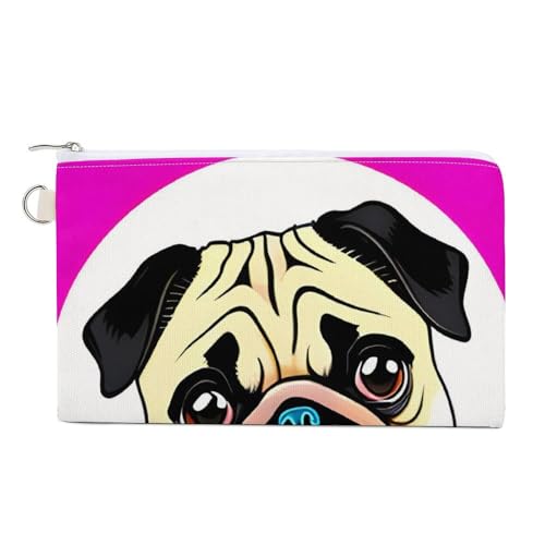 Kleine Geldbörse mit lächelnden Hunden, Segeltuch, niedliches Kleingeld, kleine Aufbewahrungstasche mit Reißverschluss, Lustiger Mops-Welpe mit Cartoon-Motiv, Einheitsgröße, Blumen und Tiere von RTFGHJS