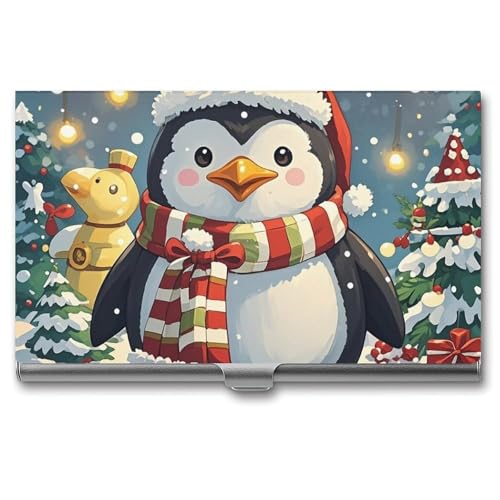 RTFGHJS Buntes Surfbrett-Visitenkartenetui aus Metall, schmal, Taschenkartenhalter für Damen oder Herren, Namenskarten-Broschüre für Profis, Führungskräfte, Lustiger Weihnachts-Pinguin, Einheitsgröße von RTFGHJS