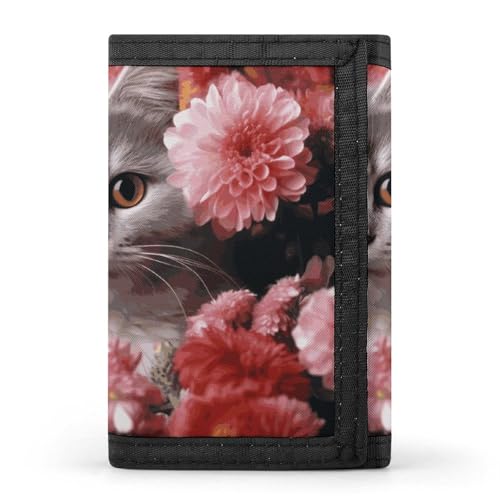 RTFGHJS Dreifach gefaltete Geldbörse für Herren, Ägyptische Pyramiden Münzbörse Slim Geldklammer Kreditkartenetui mit 8 Kartenfächern, Katze in Blumen, Einheitsgröße, Modern von RTFGHJS