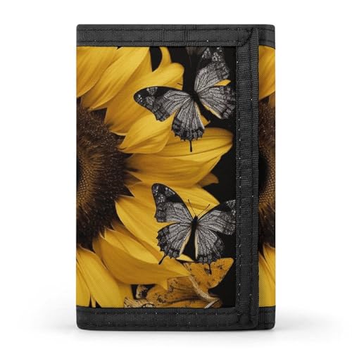 RTFGHJS Dreifach gefaltete Geldbörse für Herren, Lila Schwarz Goth Gruselige Fledermaus Münzgeldbörse Slim Geldklammer Kreditkartenetui mit 8 Kartenfächern, Schmetterling und Sonnenblume von RTFGHJS