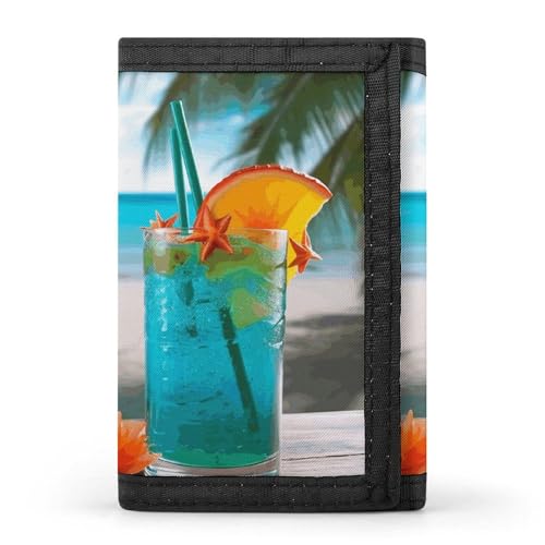 RTFGHJS Dreifach gefaltete Geldbörse für Herren, lustiger Marienkäfer mit Regenschirmen, Münzgeldbörse, schmal, Geldklammer, Kreditkartenetui mit 8 Kartenfächern, Tropischer Cocktail mit Seestern von RTFGHJS