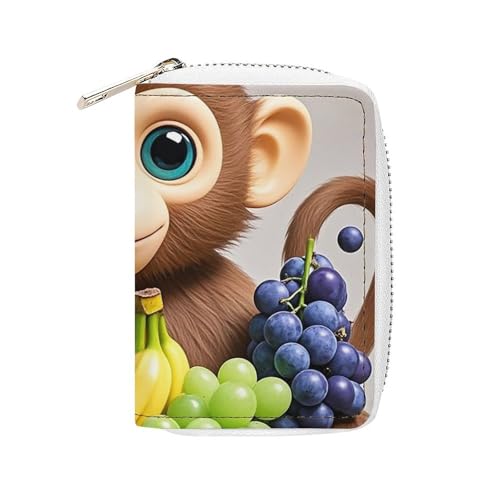 RTFGHJS Farbenfrohes Surfbrett-Kartenetui aus PU-Leder – schlanker, langlebiger Kreditkarten-Organizer für Damen und Herren, Cartoon-Affe mit Früchten, 16x11.5cm von RTFGHJS