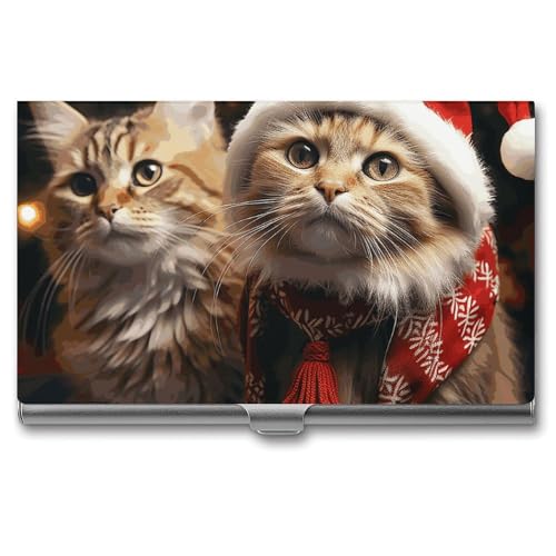 RTFGHJS Fire and Water Phönix Visitenkartenhalter, Metall Slim Namenskartenetui Pocket Karten Halter für Frauen oder Männer, Namenskarten Booklet für Profis, Führungskräfte, Weihnachtskatze von RTFGHJS