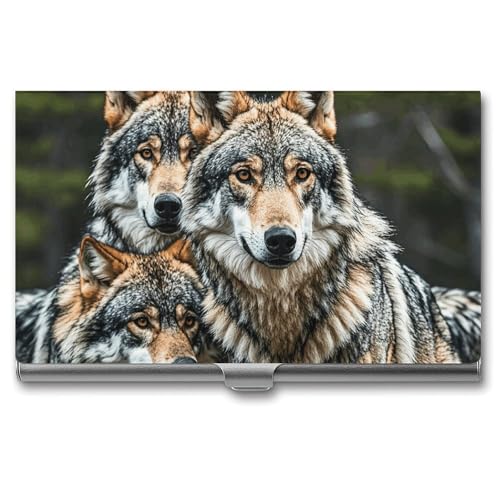 RTFGHJS Fire and Water Phönix Visitenkartenhalter, Metall Slim Namenskartenetui Pocket Karten Halter für Frauen oder Männer, Namenskarten Booklet für Profis, Führungskräfte, Wölfe Wildlife von RTFGHJS