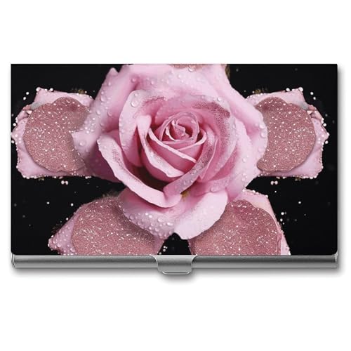 RTFGHJS Glitzer Rosa Rose Visitenkartenhalter Metall Slim Namenskartenetui Tasche Kartenhalter für Frauen oder Männer Namenskarten Booklet für Profis, Führungskräfte, Glitzernde rosa Rose, von RTFGHJS