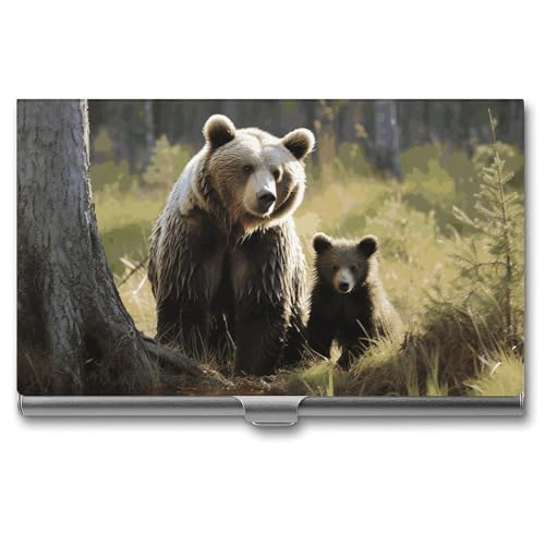 RTFGHJS Hirsch Jagdsaison Visitenkartenhalter Metall Slim Namenskartenetui Tasche Kartenhalter für Frauen oder Männer Namenskarten Booklet für Profis, Führungskräfte, Mother Brown Bears Protect, von RTFGHJS