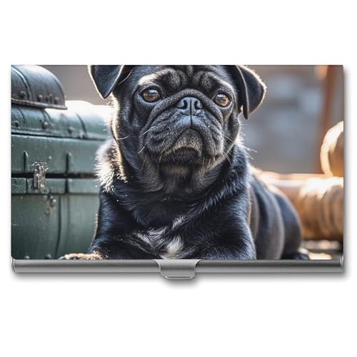 RTFGHJS Lamb Visitenkartenhalter Metall Slim Namenskartenetui Pocket Karten Halter für Frauen oder Männer Namenskarten Booklet für Profis, Führungskräfte, Süßer schwarzer Mops, Einheitsgröße von RTFGHJS