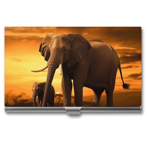 RTFGHJS Sunset Eltern Kind Elefant Visitenkartenhalter Metall Slim Namenskartenetui Pocket Karten Halter für Frauen oder Männer Namenskarten Booklet für Profis, Führungskräfte von RTFGHJS