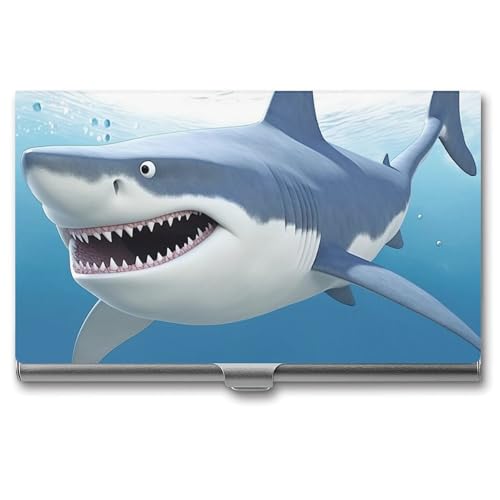 RTFGHJS Vintage Kürbis Geist Visitenkartenhalter Metall Slim Namenskartenetui Pocket Karten Halter für Frauen oder Männer Namenskarten Booklet für Profis, Führungskräfte, Weißer Hai, Einheitsgröße von RTFGHJS