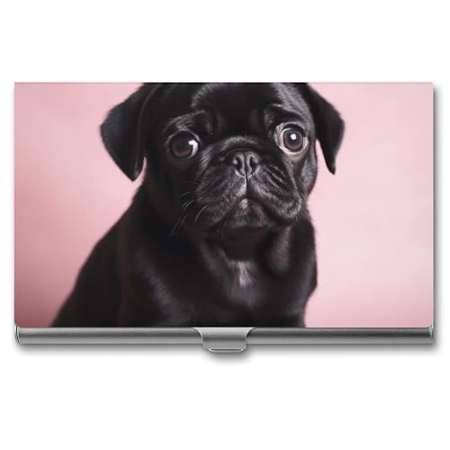 RTFGHJS Visitenkartenetui mit Tiermops-Motiv, Metall, schmal, Namenskartenetui, Taschenkartenhalter für Frauen oder Männer, Namenskarten Booklet für Profis, Führungskräfte, Süßer schwarzer Mops, von RTFGHJS