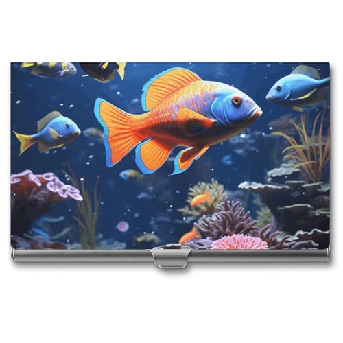 RTFGHJS Visitenkartenetui mit afrikanischem Tier-Leopard, Metall, schmal, Namenskartenetui, Taschenkartenhalter für Frauen oder Männer, Namenskarten Booklet für Profis, Führungskräfte, Fische von RTFGHJS