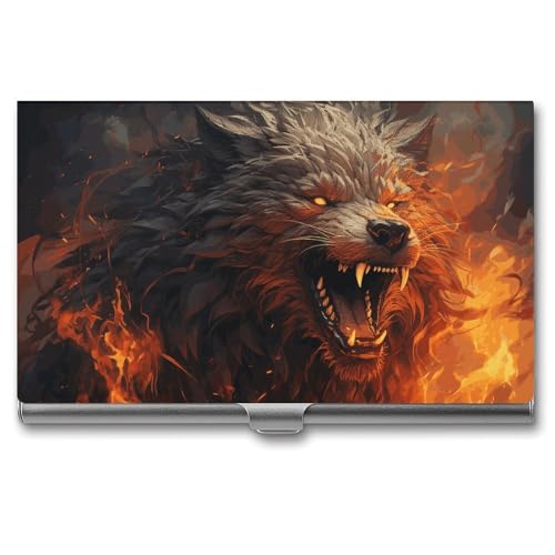 RTFGHJS Wilder Wolf im Feuer Visitenkartenhalter Metall Slim Namenskartenetui Tasche Kartenhalter für Frauen oder Männer Namenskarten Booklet für Profis, Führungskräfte, Wilder Wolf im Feuer, von RTFGHJS