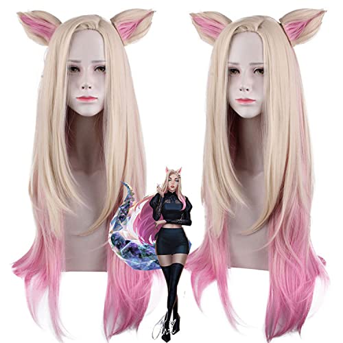 Wig for Props Matching Performance Modeling Cosplay Wig Lol Kda Ali Yellow Gradient Pink Long Hair Ears von RTGFS