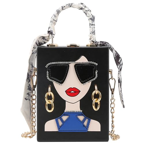 Einzigartige 3D-Damengesichts-Handtasche aus PU-Leder mit Tragegriff oben für Damen, flippige Tragetasche, Hobo-Umhängetasche, Kette schwarz, Large, Neuheit von RTGGSEL