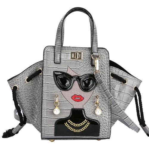 Neuheit Einzigartige 3D Lady Gesicht PU Leder Top Griff Satchel Handtaschen für Frauen Funky Tote Geldbörse Hobo Crossbody Schultertaschen, Krokodilgrau., Large, Neuheit von RTGGSEL
