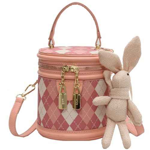 RTGGSEL Gesteppte Gitter-Umhängetasche für Damen, kleine Tragetasche, quadratische Umhängetasche, Handtasche, Geldbörse mit Hasen-Puppen-Anhänger, Bucket Diamond Pink, Damen-Handtasche mit von RTGGSEL